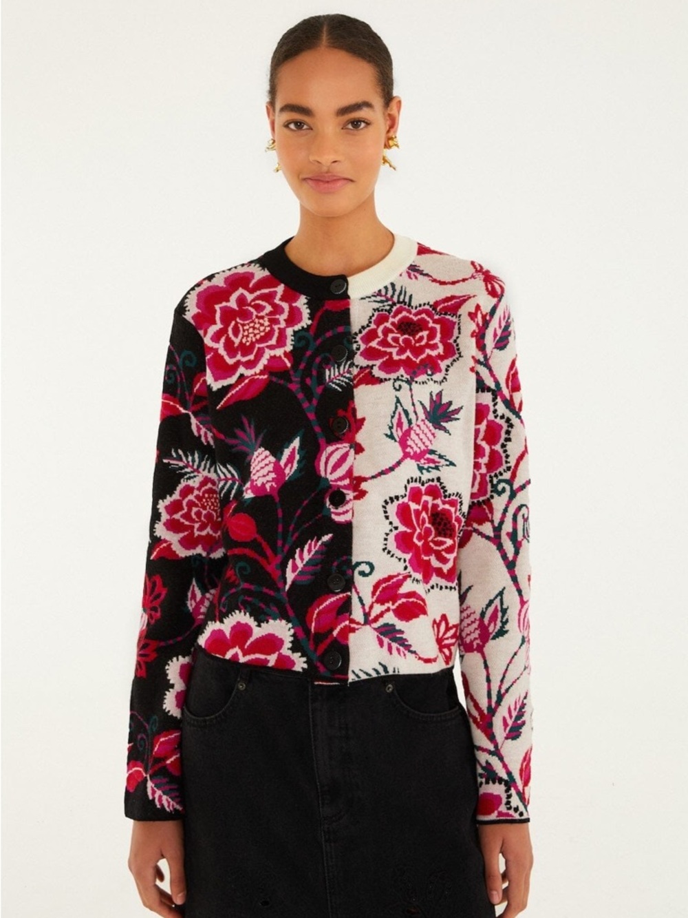 FARM Rio Mixed Garden Knit Cardigan Floral Two-Tone Pink/Black Size XS NWT